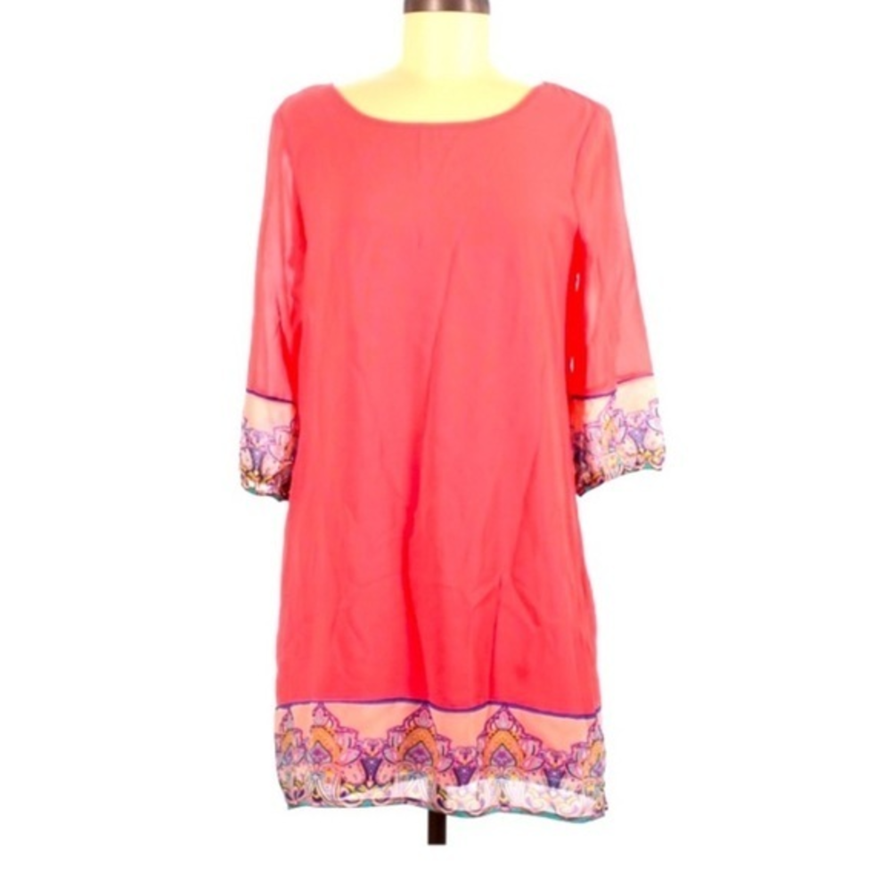 Pink Owl M retro boho pink pattern hem scoop neck‎ cut out back shift dress